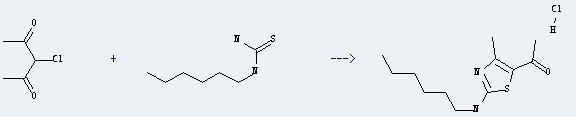 The Thiourea, N-hexyl- could react with 3-chloro-pentane-2,4-dione, and obtain the 2-(n-Hexylamino)-4-methyl-5-acetylthiazole hydrochloride